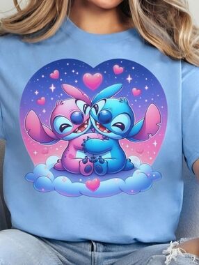 Cute Lilo And Stitch Kids Short Sleeve Tee with Pink & Blue Cartoon Heart Design